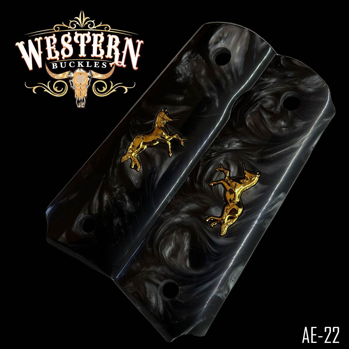 Cachas Colt 1911 Grips De Resina Negra Con Caballo Colt Chapa De Oro - Western Buckles