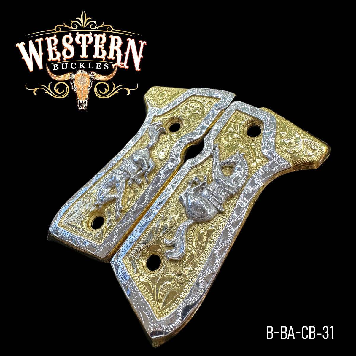Cachas Beretta Caballos Plata y Oro - Western Buckles