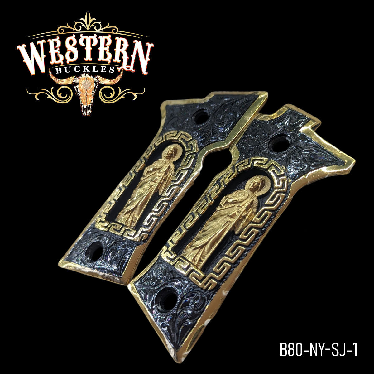 Cachas San Judas 1 para Beretta 80X (Cheetah) en oro 24k y niquel negro – Hechas a mano