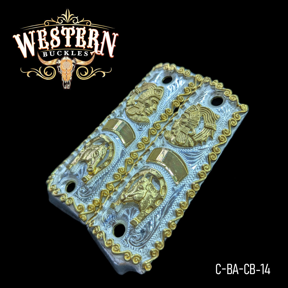 Cacha Colt 1911 Caballo Azteca Oro y Plata Rameado.