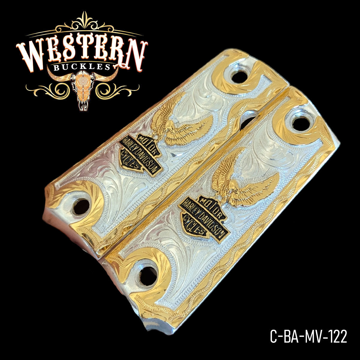 Custom silver and gold engraved Colt 1911 grips with eagle and Harley-Davidson design.