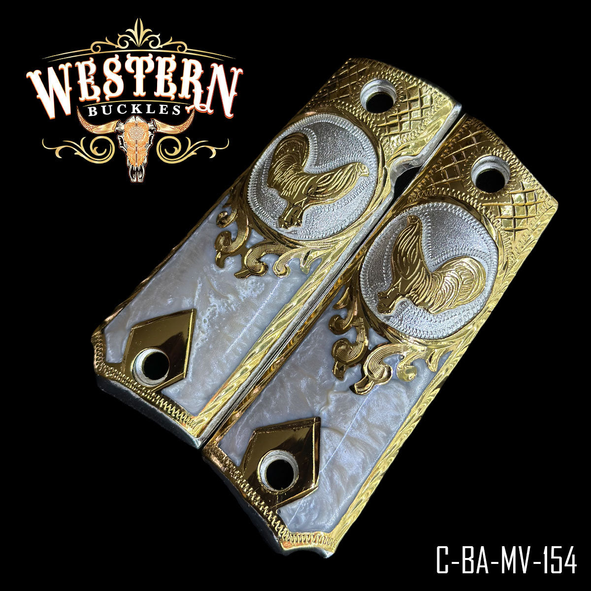 Cachas Colt 1911 Grips Gallo Resina en Baño de Plata y chapa de oro-Western Buckles