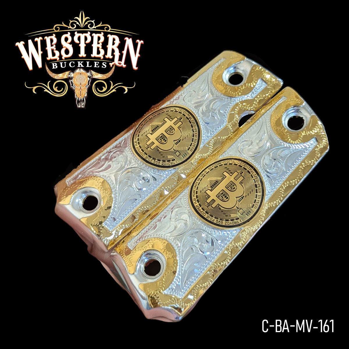 Custom Colt 1911 pistol grips with gold and silver engraved Bitcoin design, Western style