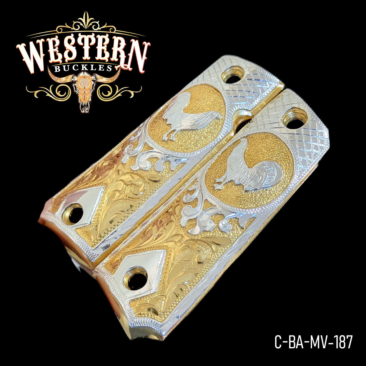 Gold and silver engraved 1911 pistol grips with rooster design on black background