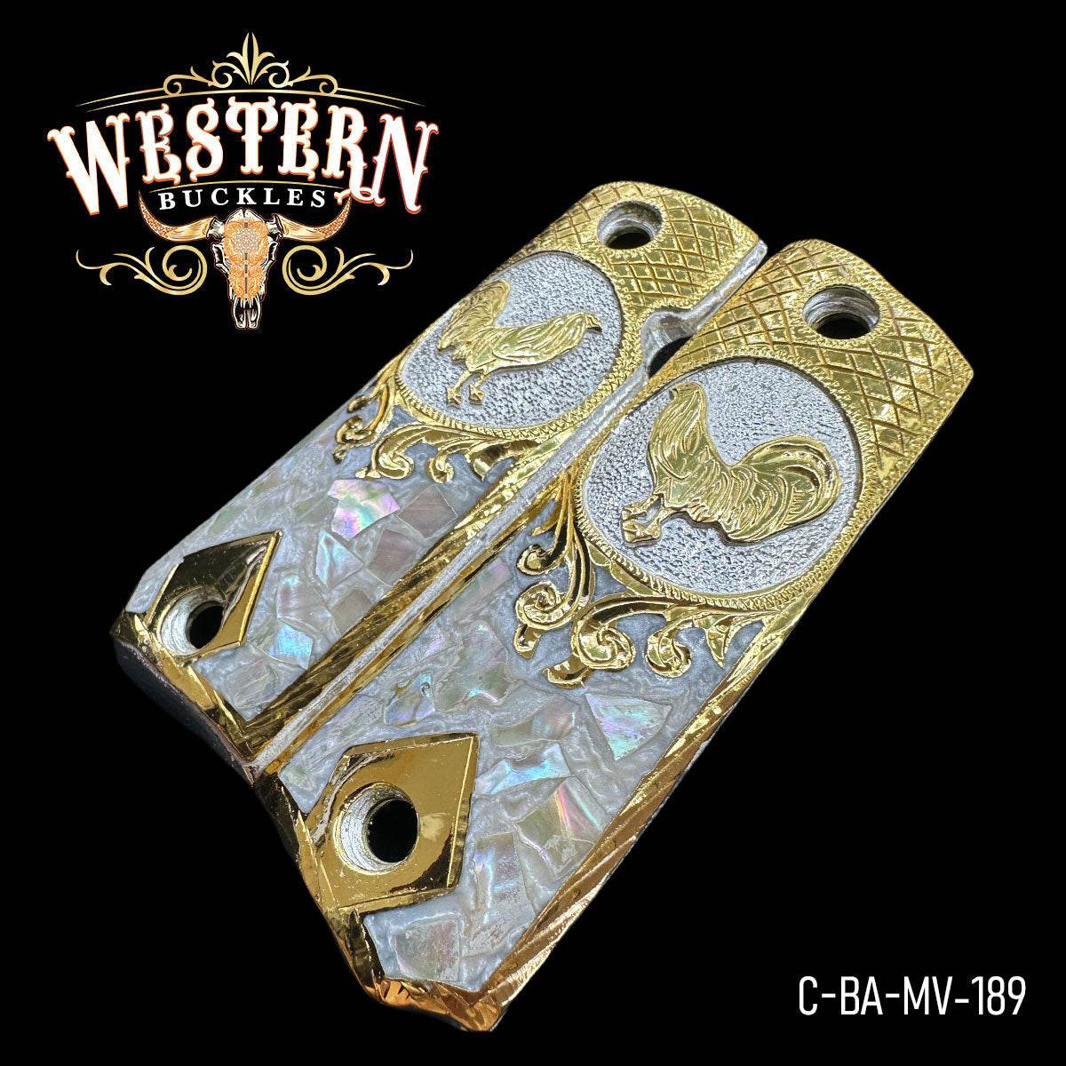 Cacha Colt Gallo Oro y Resina con Concha nacar - Western Buckles