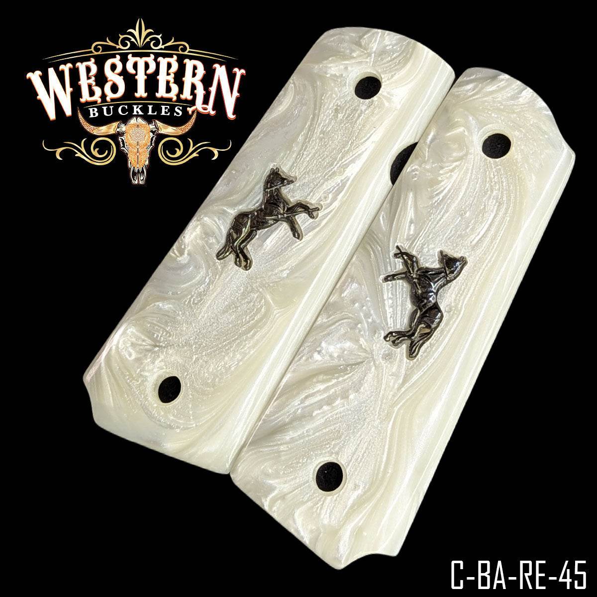 Cachas Colt 1911 Grips De Resina Blanca Con Caballo - Western Buckles