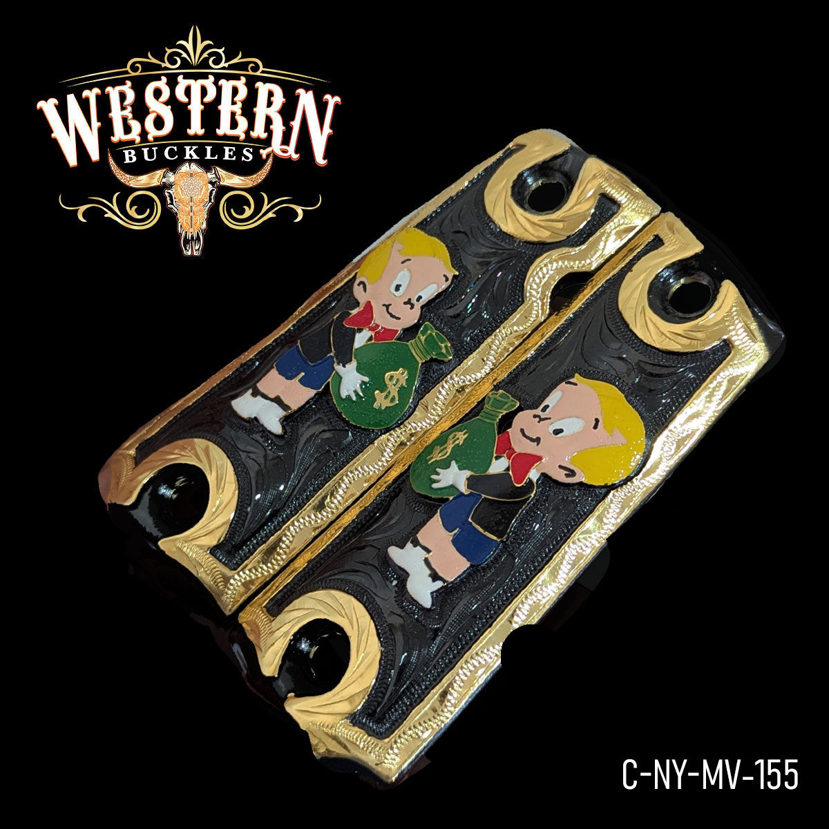 Custom black and gold pistol grips with cartoon boy holding money bag design, Colt 1911 accessory.