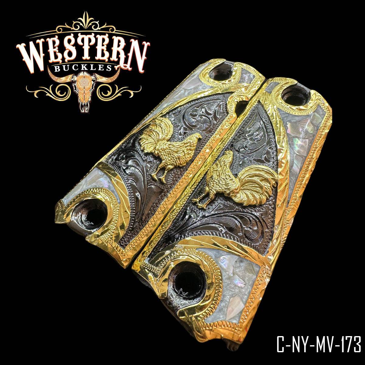 Cacha Colt Gallo Oro Concha y Niquel - Western Buckles