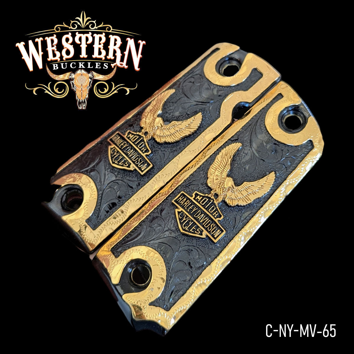 Gold and black custom Colt 1911 pistol grips with eagle and classic motorcycle design