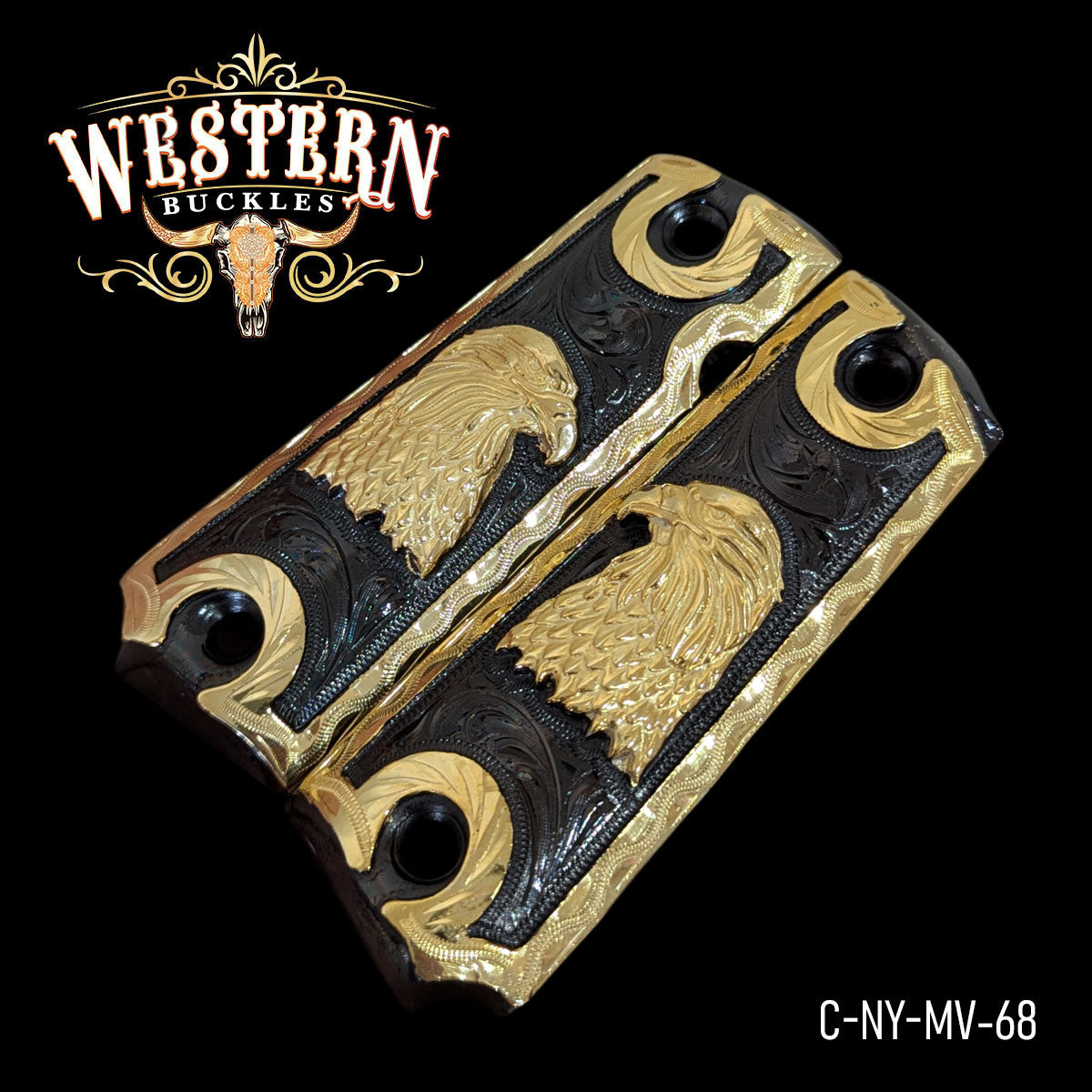 Custom black and gold 1911 pistol grips with engraved eagle design, western style.