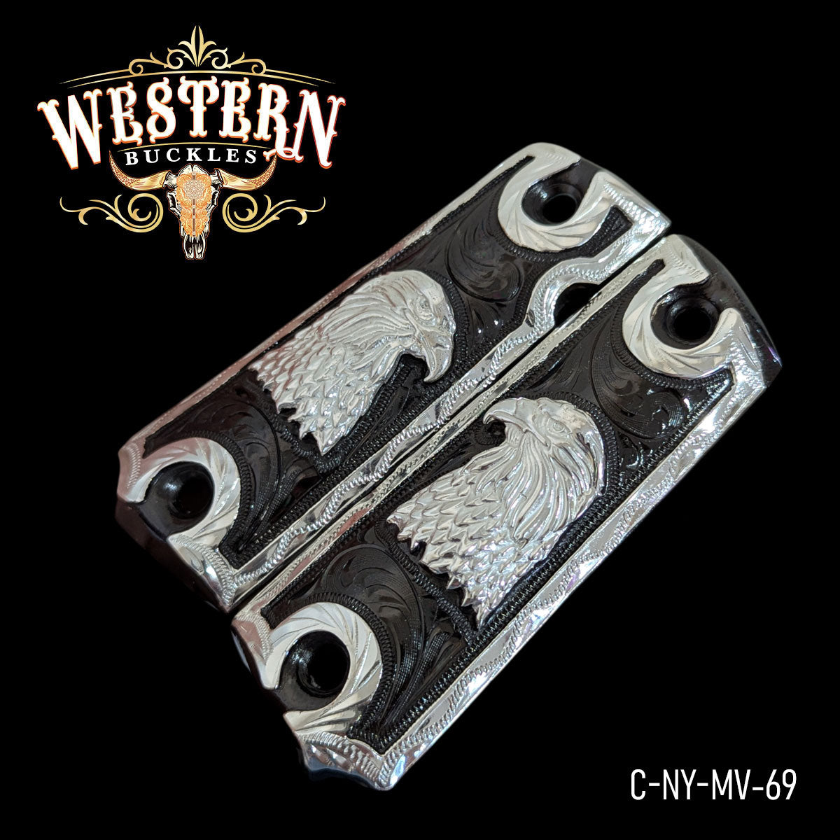 engraved eagle 1911 pistol grips with black and silver western design