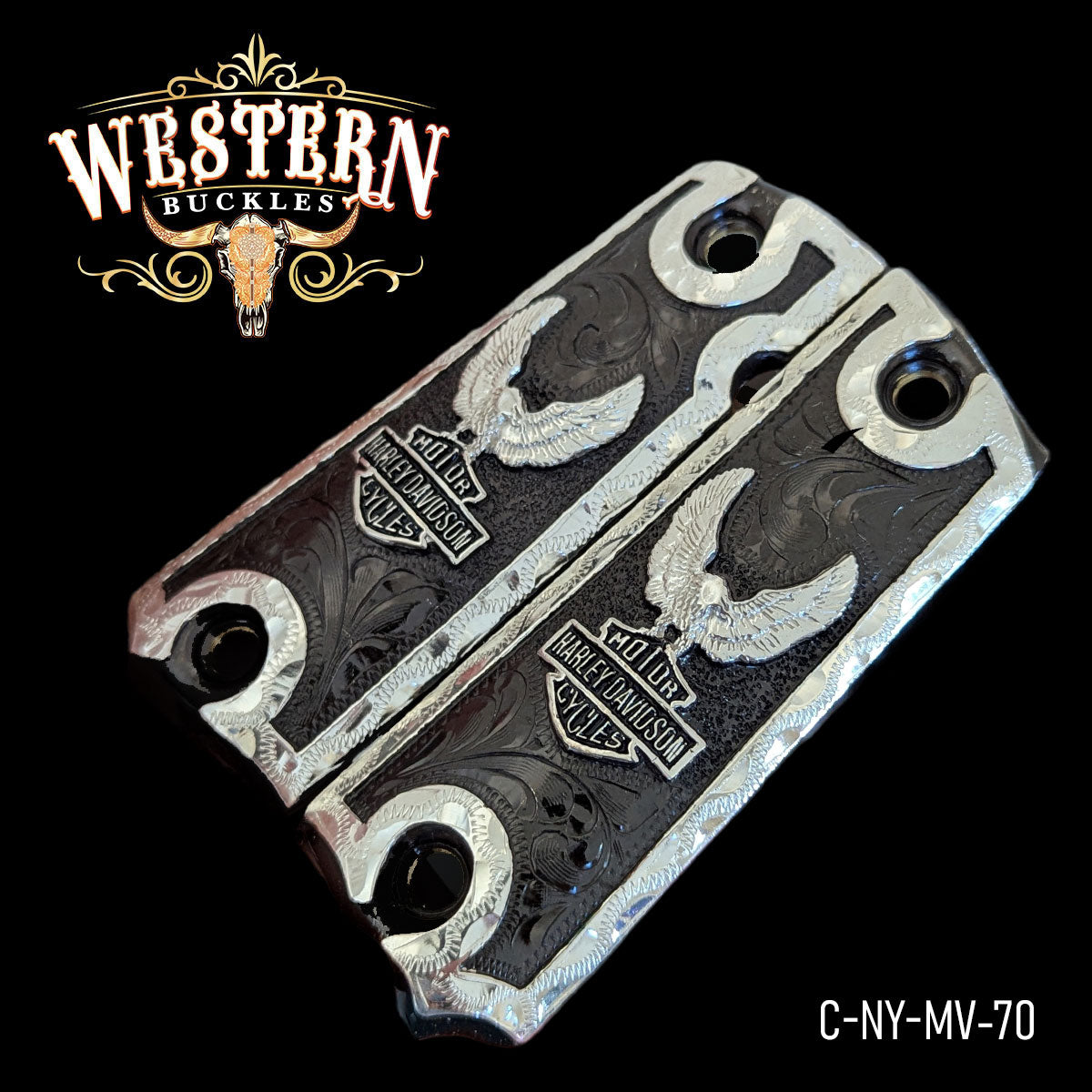 Custom 1911 pistol grips with eagle and Motor Harley Davidson Cycles design, engraved metal finish.