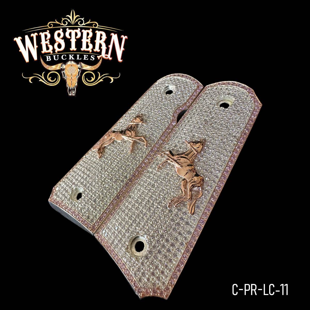 Cachas Colt 1911 Premium Caballo Oro Rosa Zirconias - Western Buckles