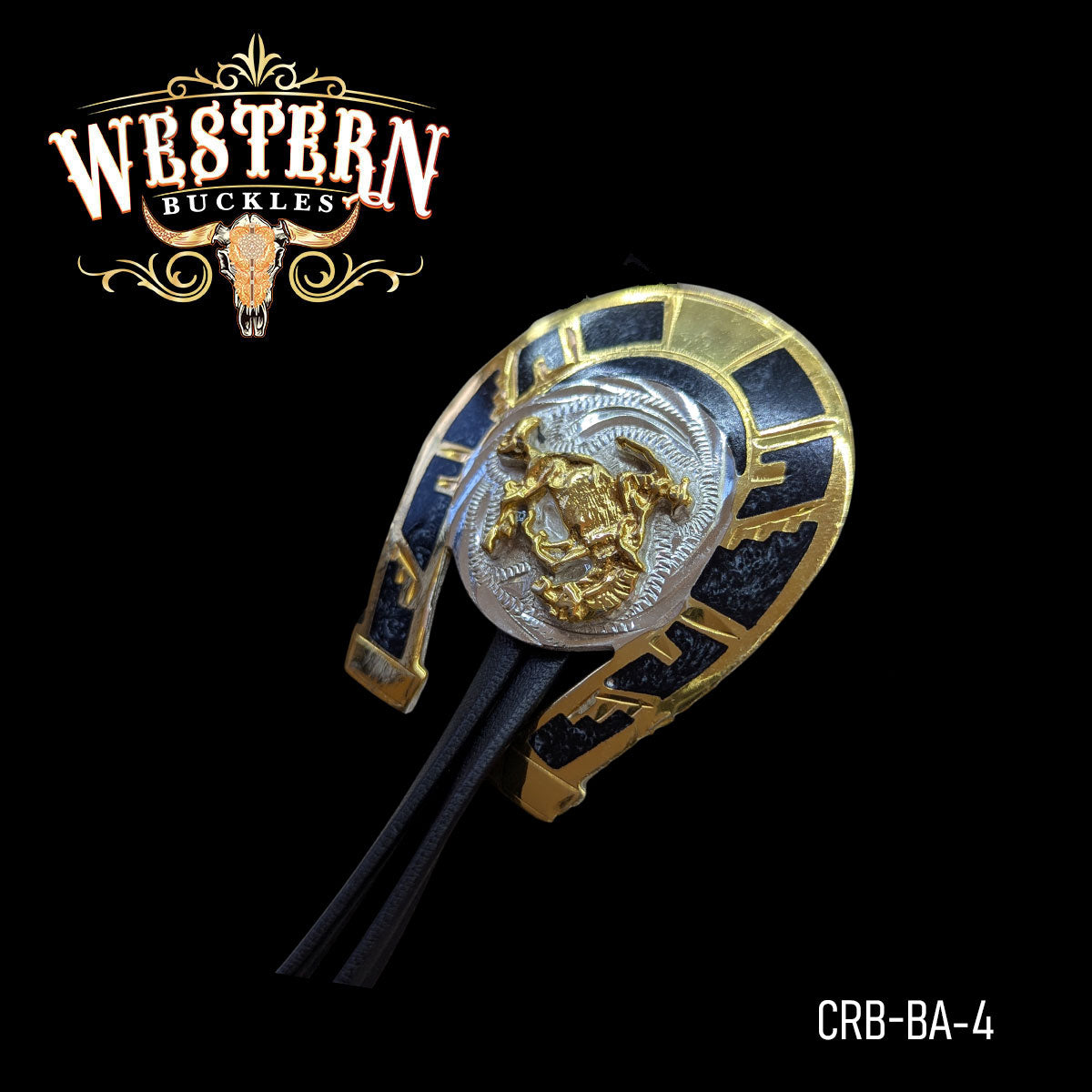 Western bolo tie with horseshoe and gold cowboy rider, black and gold western accessory