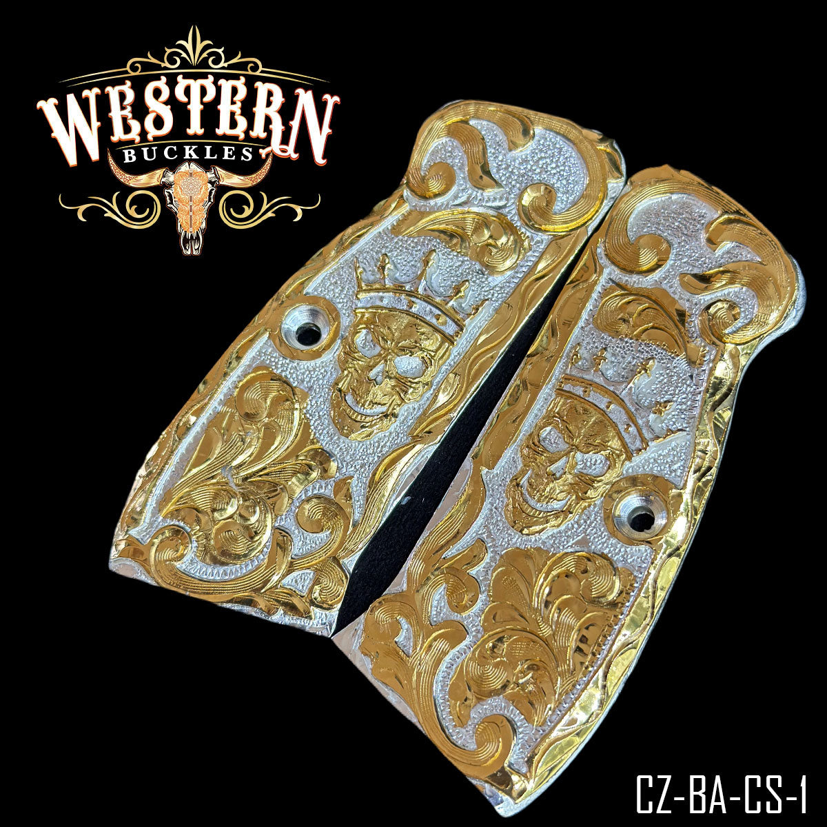 Gold and silver Colt 1911 pistol grips with engraved skull and crown design, ornate scrollwork.