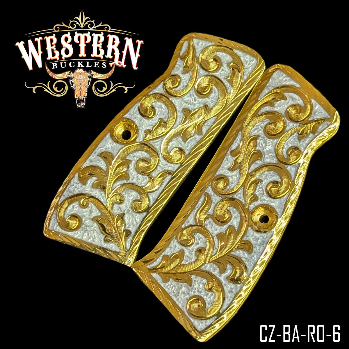 Colt 1911 pistol grips with ornate gold and silver scroll design on black background