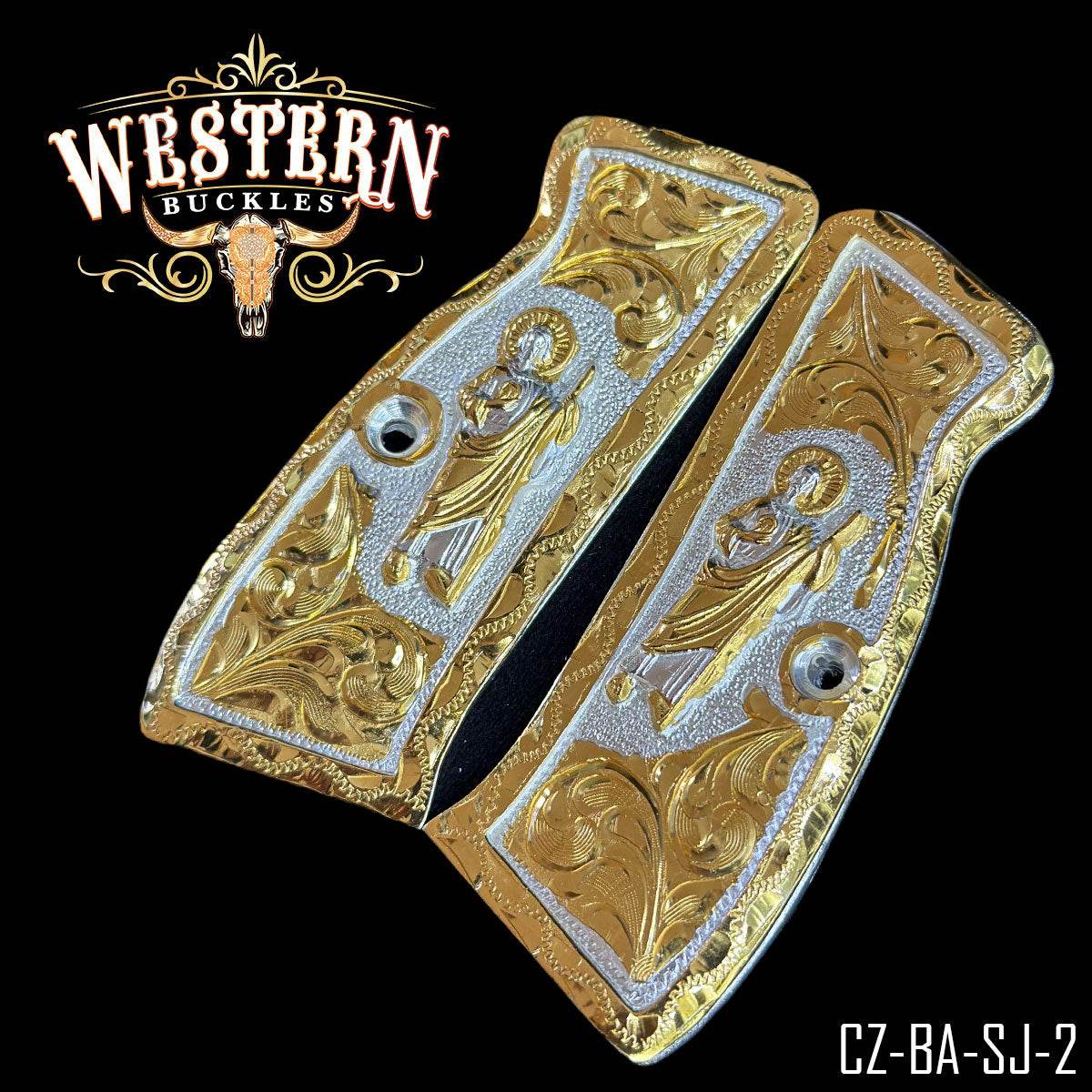 Gold and silver engraved custom 1911 pistol grips with religious motif, ornate western style.