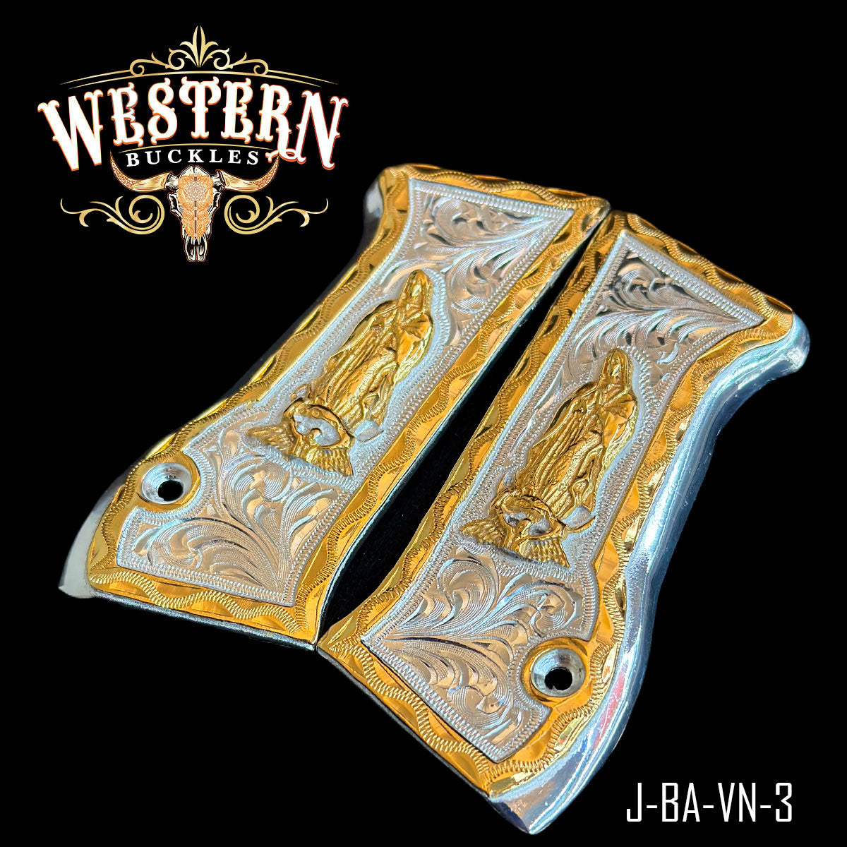 Gold and silver engraved pistol grips with saint design, custom 1911 grip panels