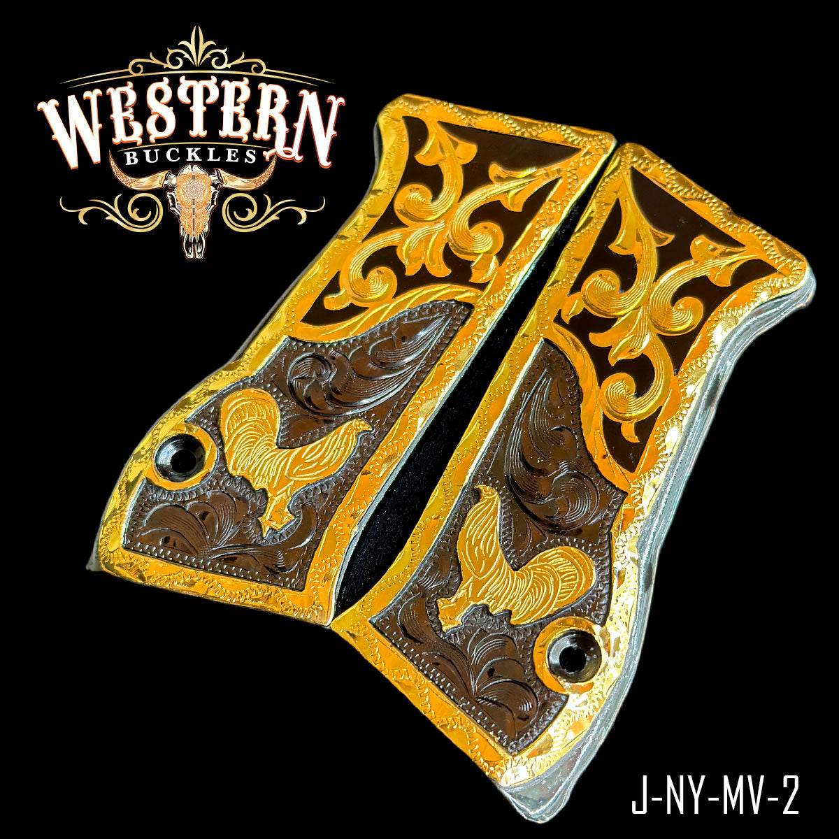 Gold engraved Colt 1911 pistol grips with rooster and floral western design