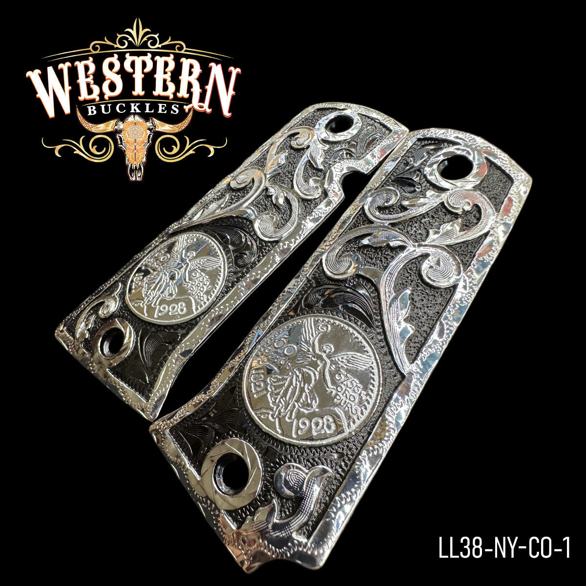 Engraved silver Colt 1911 pistol grips with coin and floral western design on black background