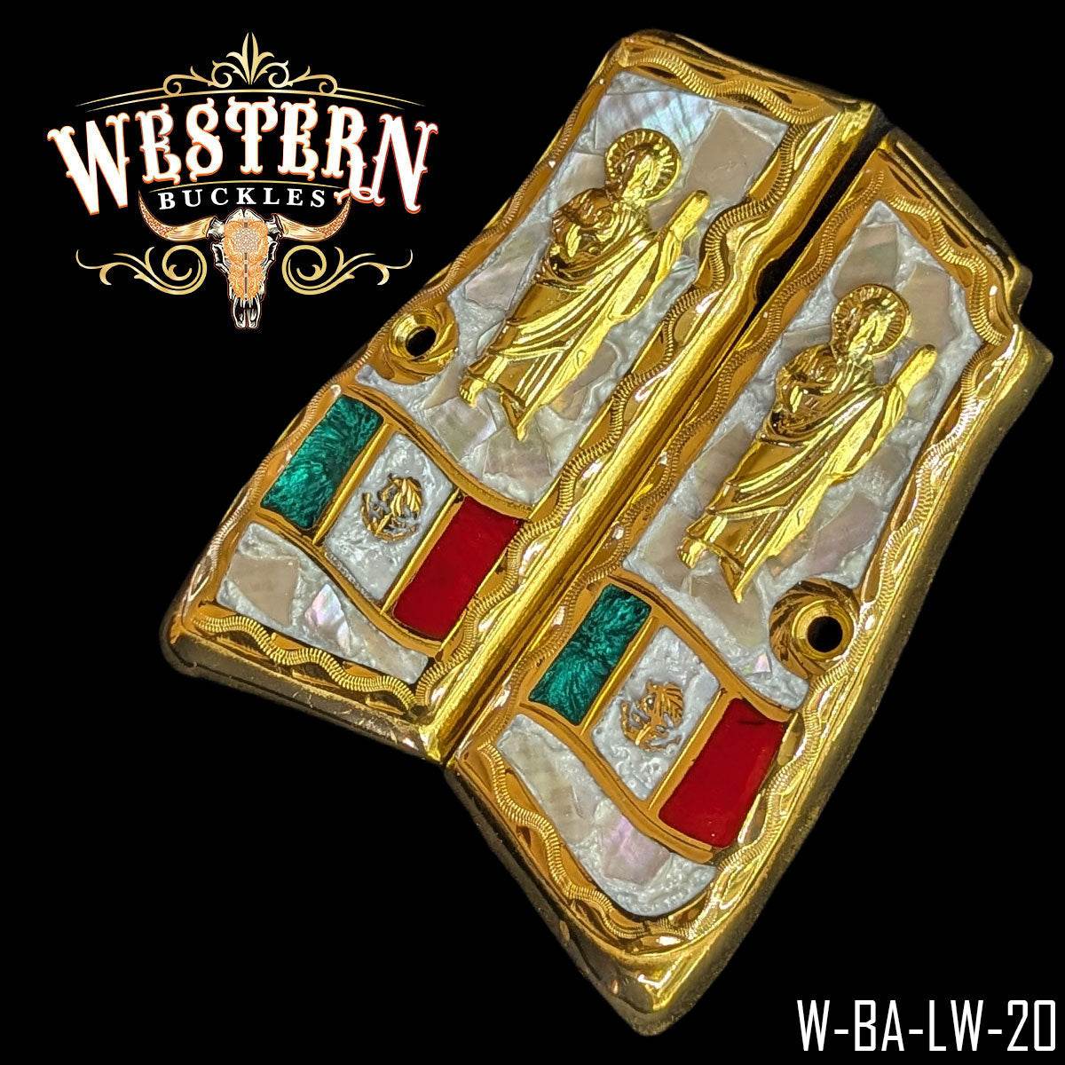 Cacha Browning San Judas Piedra Concha Nacar Bandera - Western Buckles