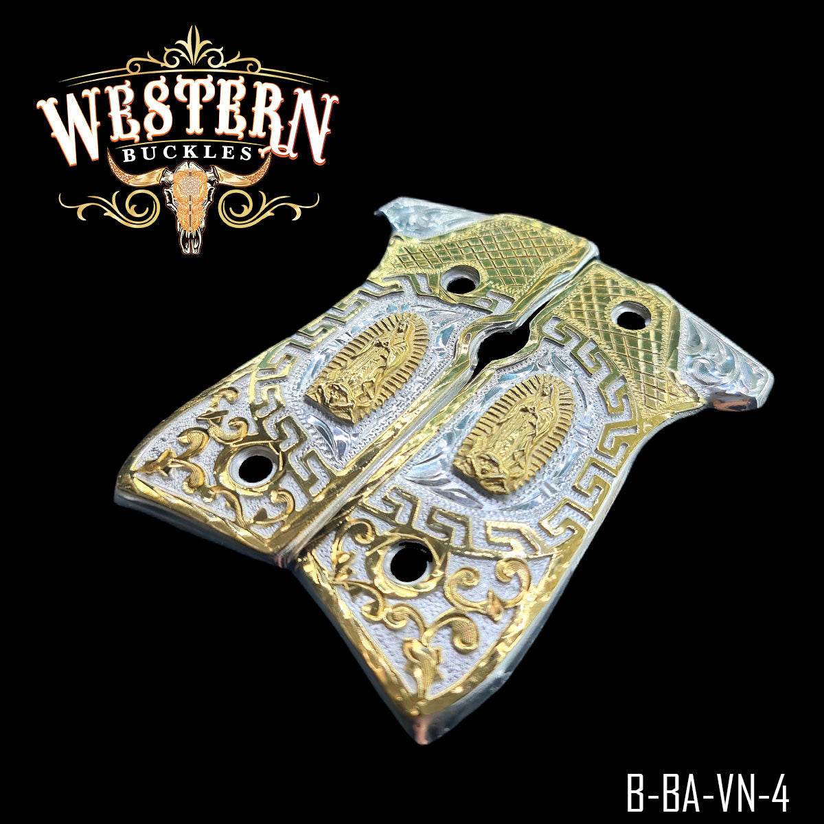 Engraved gold and silver 1911 pistol grips with religious motif on black background