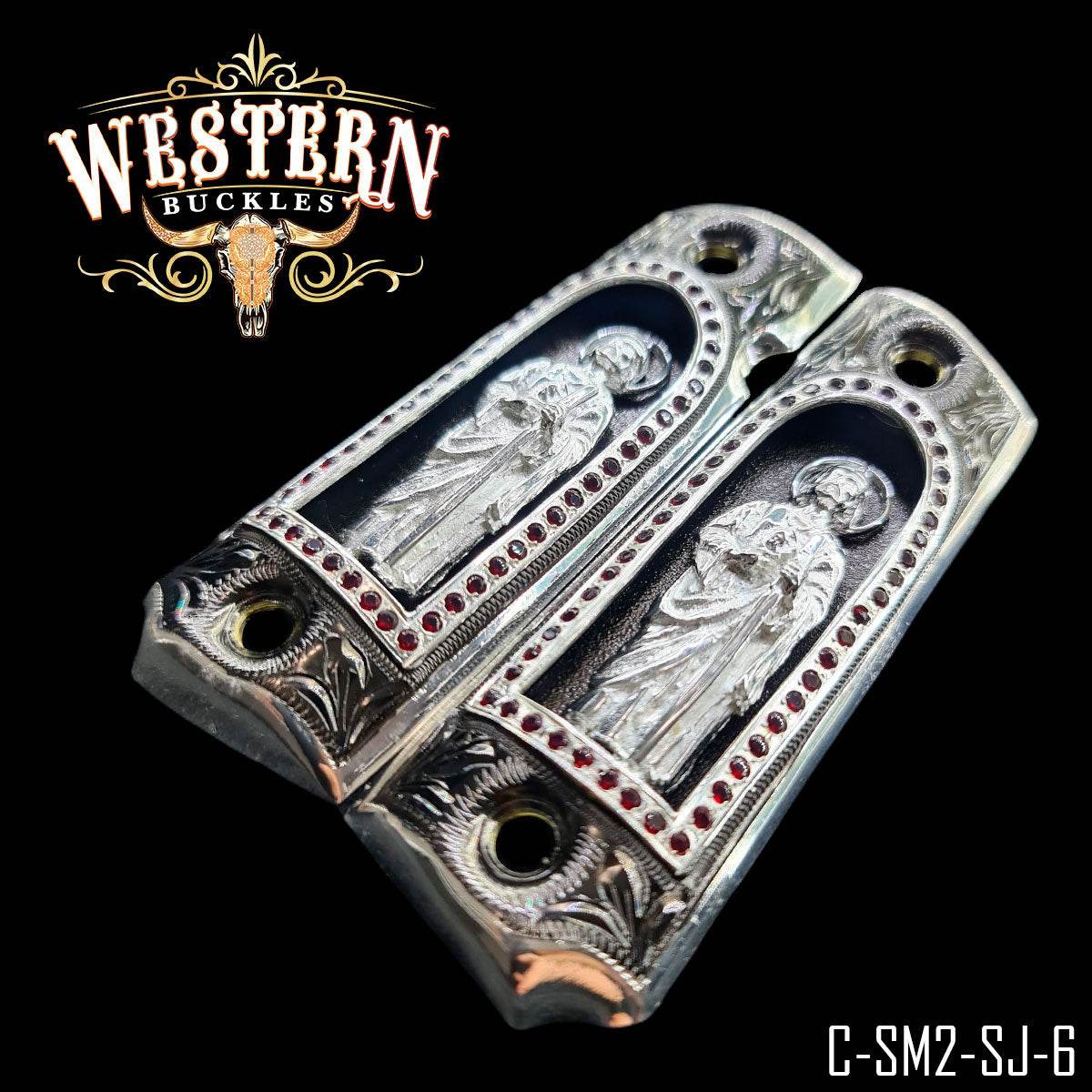 Cacha Colt San Judas Piedras Rojas y Niquel - Western Buckles