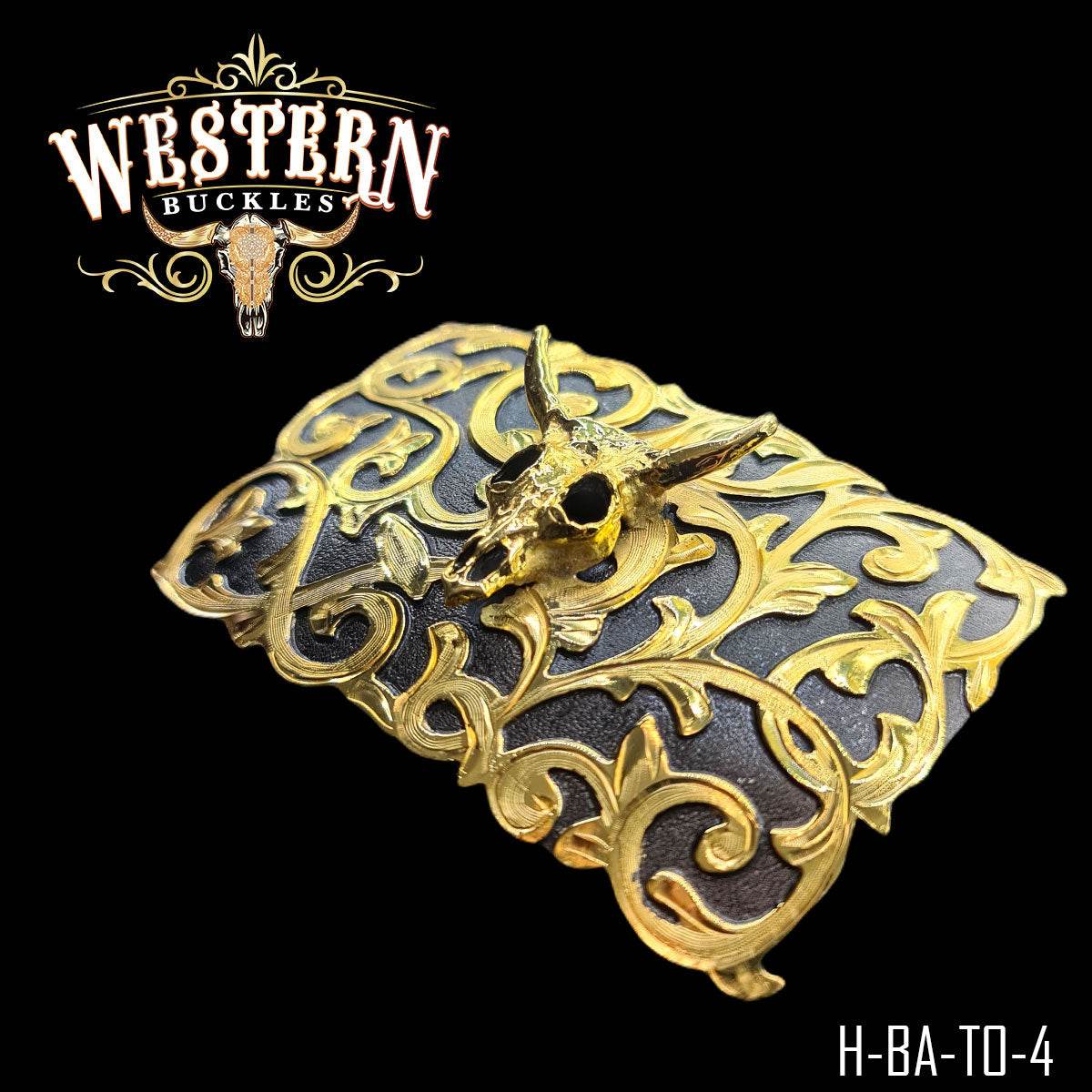 Hebilla Cuadrada De Craneo De Toro Con Chapa De Oro - Western Buckles