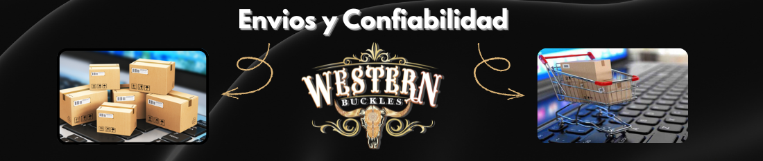 Shipping reliability concept with packages, shopping cart, and Western Buckles logo