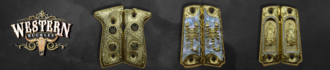 Gold engraved custom pistol grips with Western and religious designs on a dark background