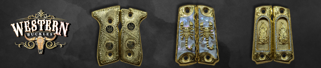 Gold engraved custom pistol grips with Western and religious designs on a dark background