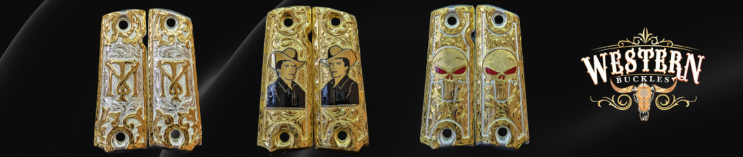Custom gold engraved pistol grips for Colt 1911, featuring western and skull designs