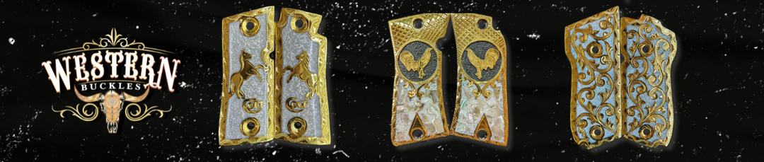 Decorative Colt 1911 pistol grips with gold detailing and western motifs on black background