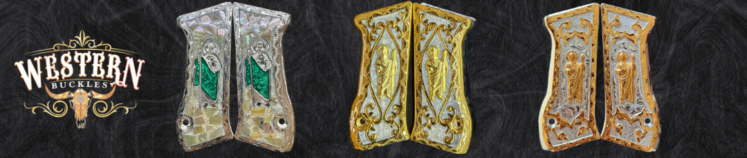 Custom Western-style pistol grips with ornate designs and saint engravings on dark background