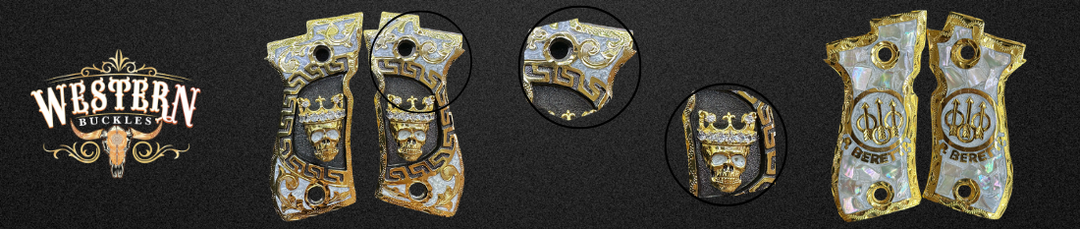 Custom engraved pistol grips with gold skull and crown design, ornate western style