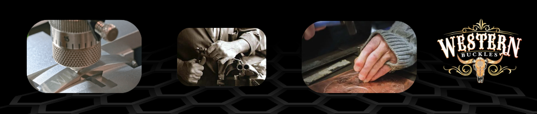 Close-up of hands crafting custom western buckles and grips, Western Buckles logo on black