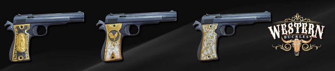 Three pistols with ornate gold and silver custom grips on a black background, Western style.