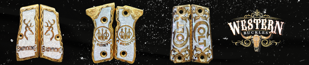 Ornate gold and pearl custom pistol grips with brand logos on a black background