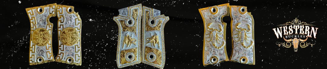 Engraved Colt 1911 pistol grips with gold and silver western designs on black background