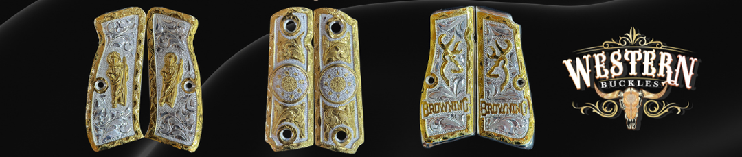 Engraved gold and silver pistol grips for Colt 1911 and Browning, custom Western-style designs