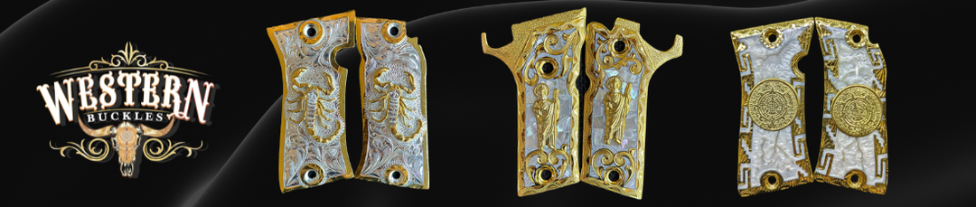 Custom gold and silver plated pistol grips with Western motifs and intricate engravings