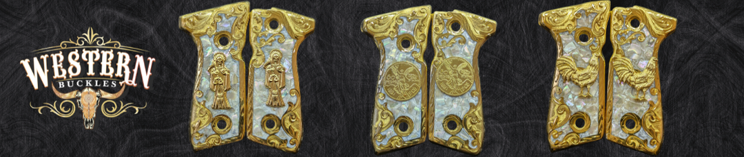 Custom gold and pearl pistol grips with engraved Western designs on a dark background