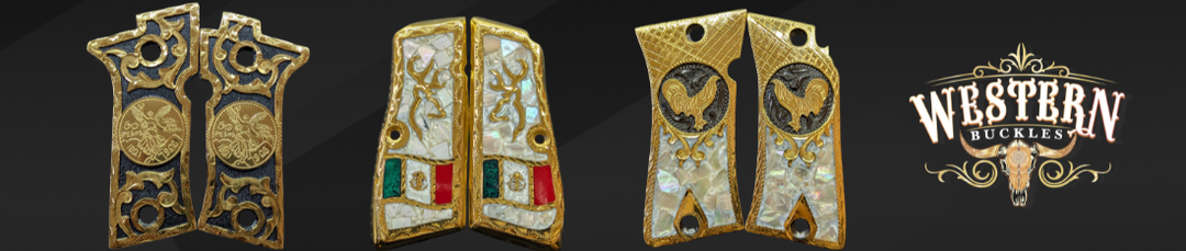 Custom gold and pearl pistol grips with Western, rooster, and Mexican flag designs