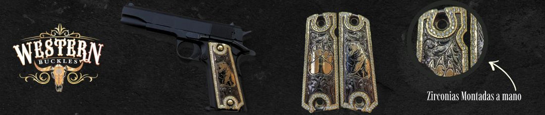 Colt 1911 grips with engraved bear and paw design, hand-set zirconias, western style