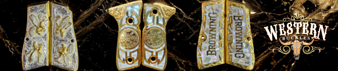 Engraved gold and silver pistol grips with Browning logo and Western buckles style design