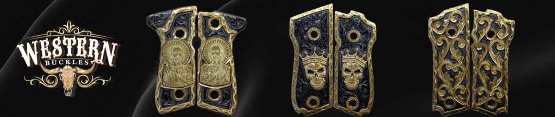 Custom engraved pistol grips with Western motifs, skulls, and ornate gold detailing.