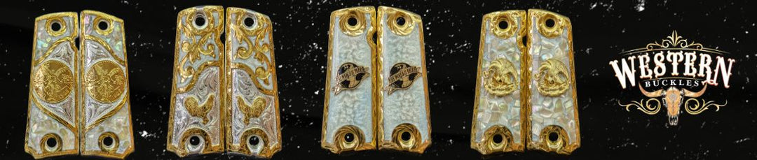 Custom pearl gold pistol grips with engraved Western designs on black background