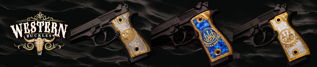 Custom Beretta pistol grips with gold, blue, and silver western designs on black background
