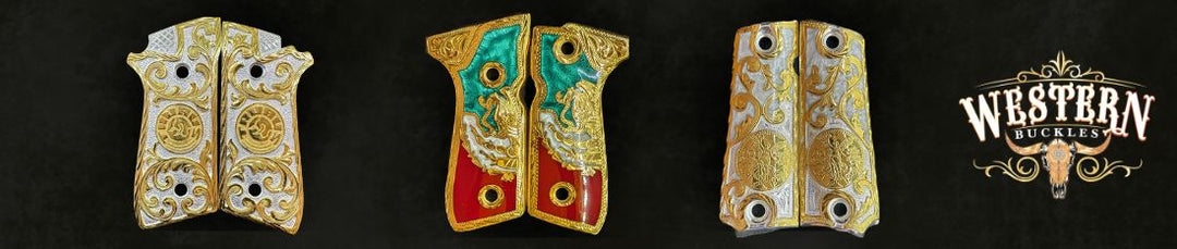 Decorative custom pistol grips with gold engravings and intricate western designs on a black background.