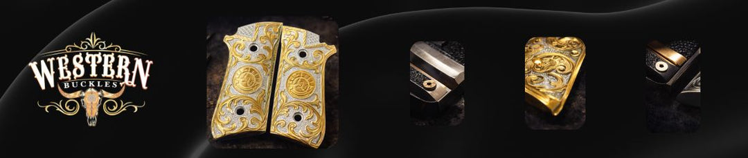 Ornate gold and silver colt 1911 grips with engraved western design, close-up views
